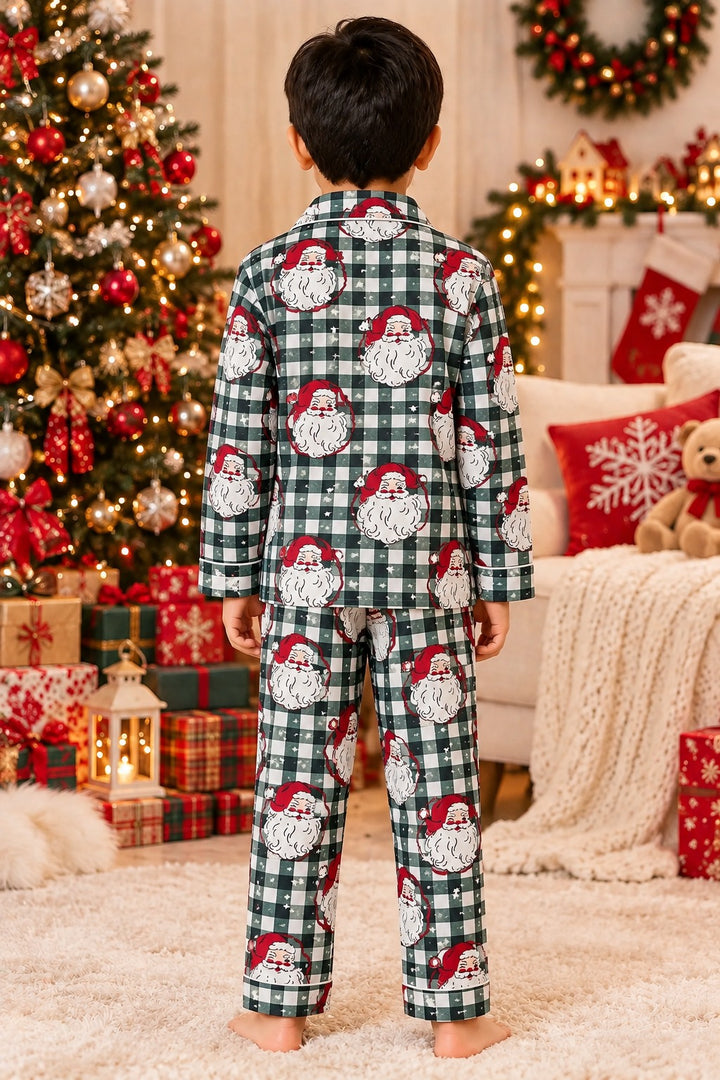 Christmas Santa Checks Cotton Flannel Long Sleeve Kids Night Suit