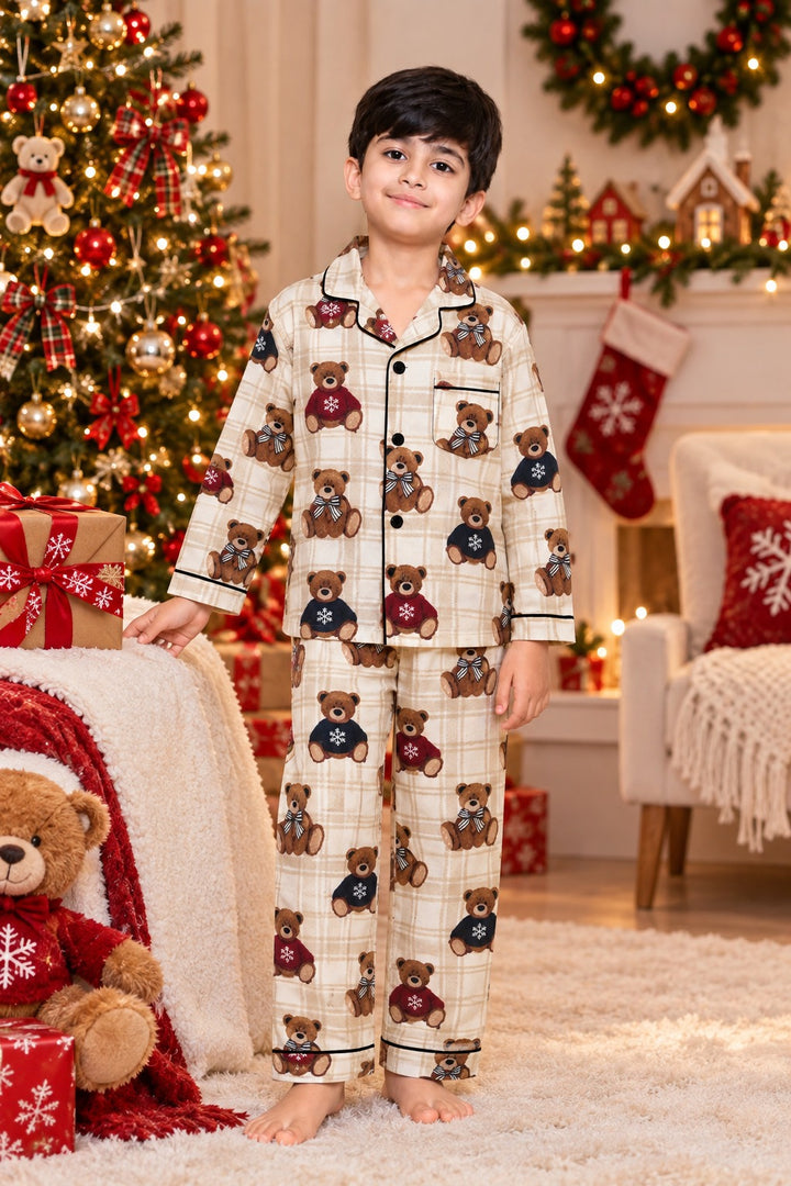 Christmas Teddy Bear Cotton Flannel Long Sleeve Kids Night Suit