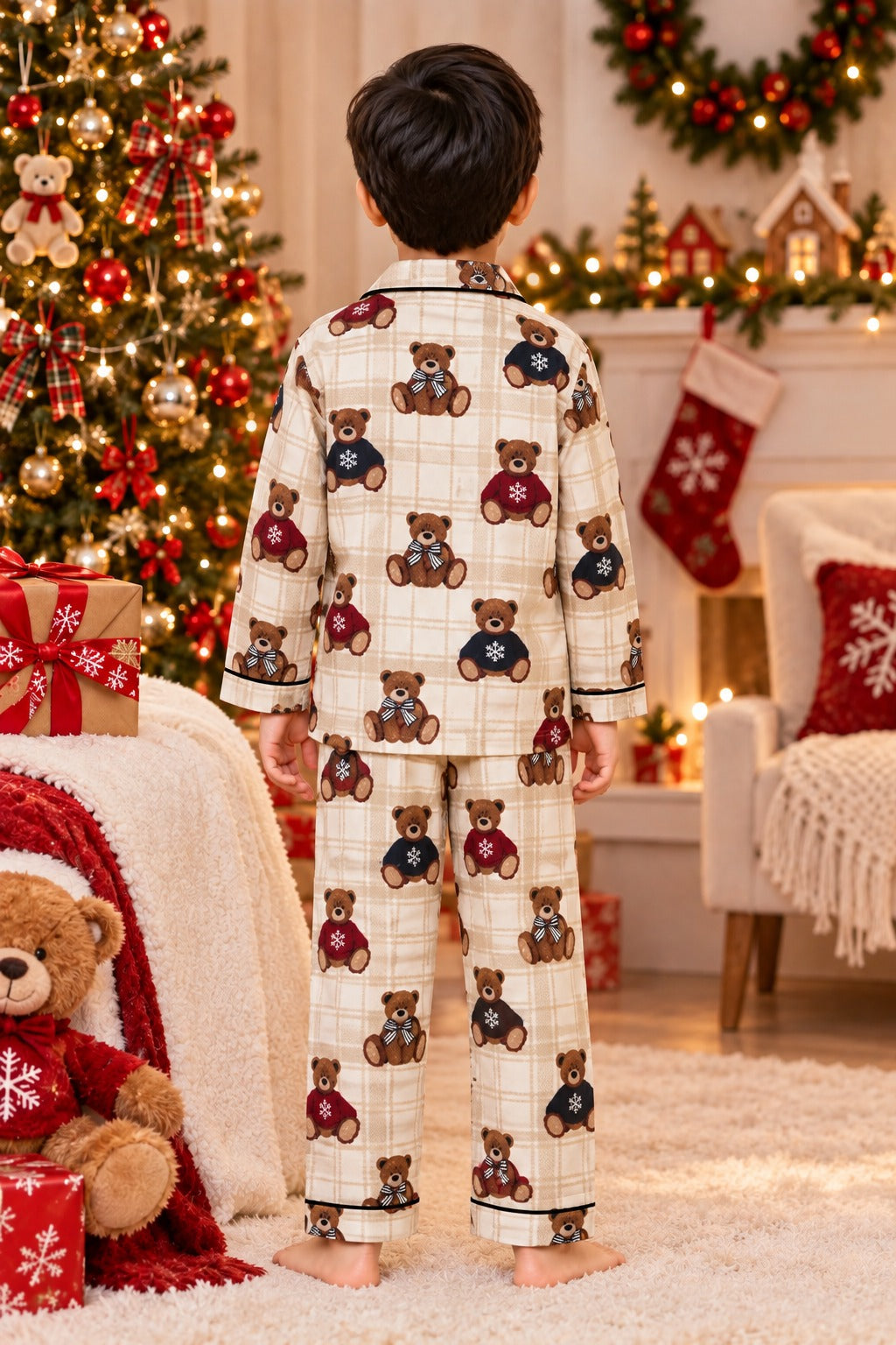 Christmas Teddy Bear Cotton Flannel Long Sleeve Kids Night Suit