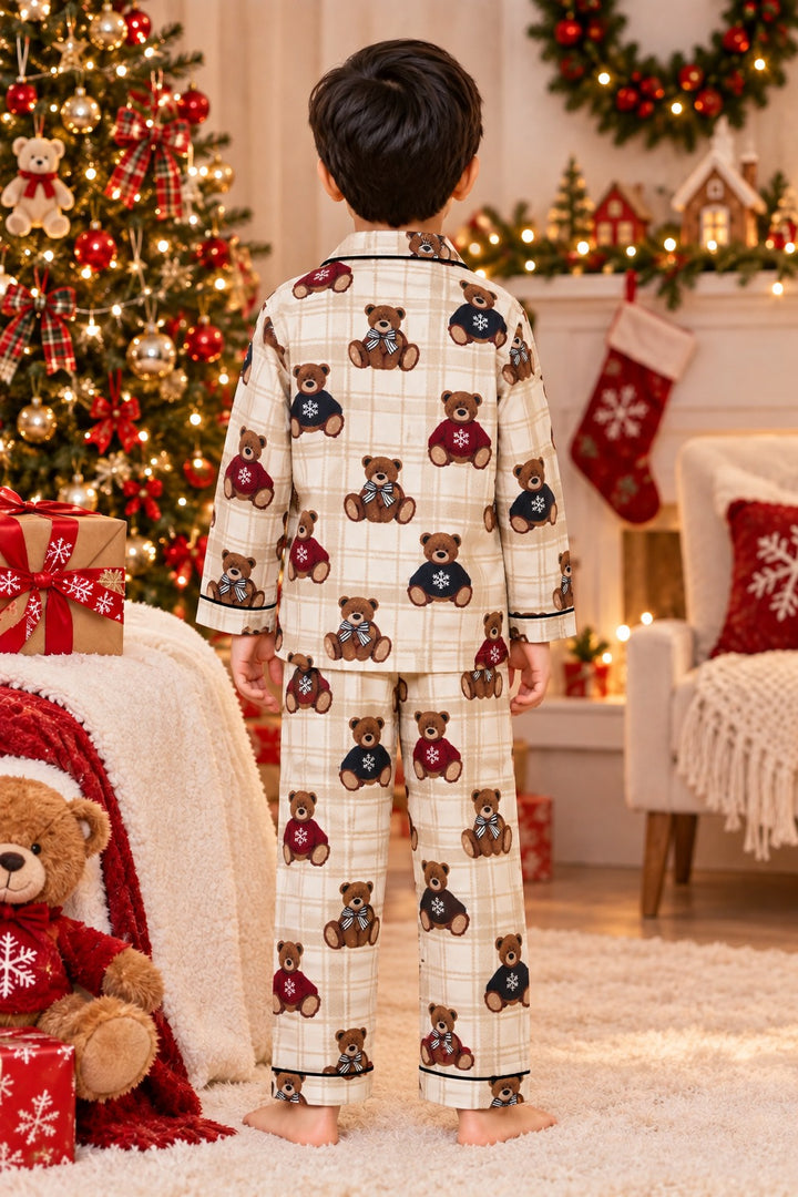 Christmas Teddy Bear Cotton Flannel Long Sleeve Kids Night Suit