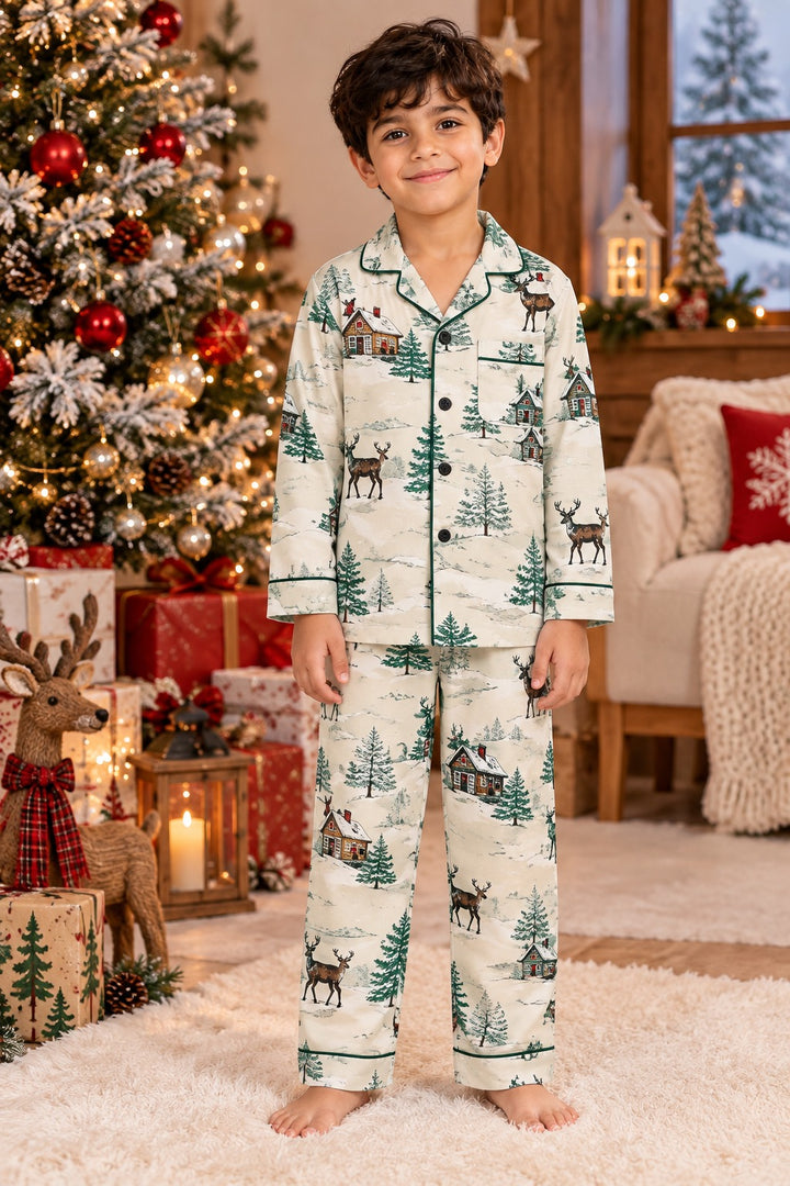 Christmas Evergreen Cotton Flannel Long Sleeve Kids Night Suit