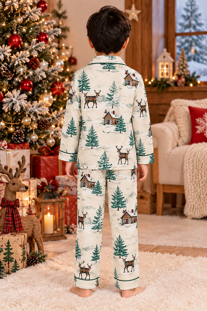 Christmas Evergreen Cotton Flannel Long Sleeve Kids Night Suit