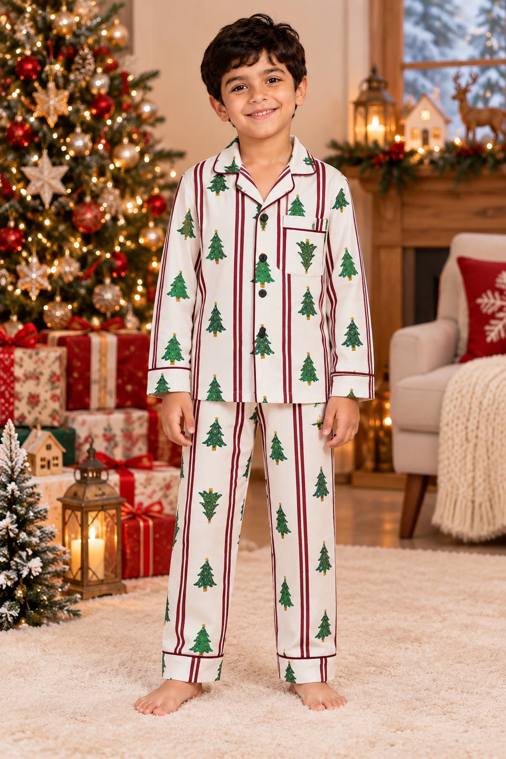Christmas Tree Stripe Cotton Flannel Long Sleeve Kids Night Suit