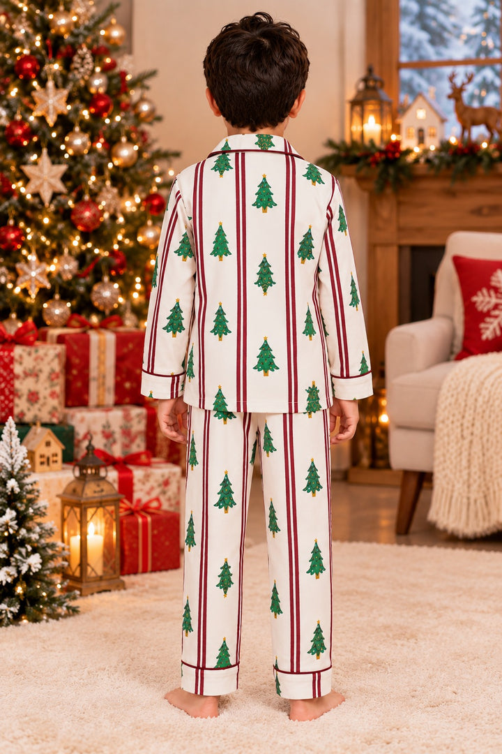 Christmas Tree Stripe Cotton Flannel Long Sleeve Kids Night Suit