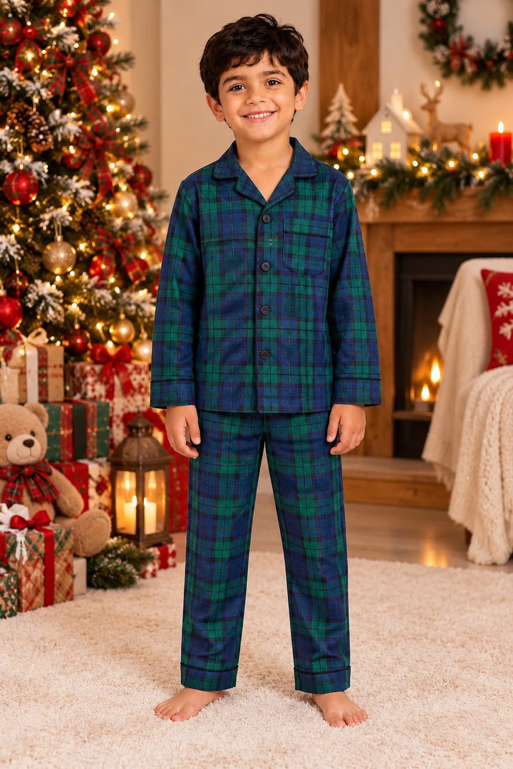 Festive Evergreen Plaid Cotton Flannel Long Sleeve Kids Night Suit