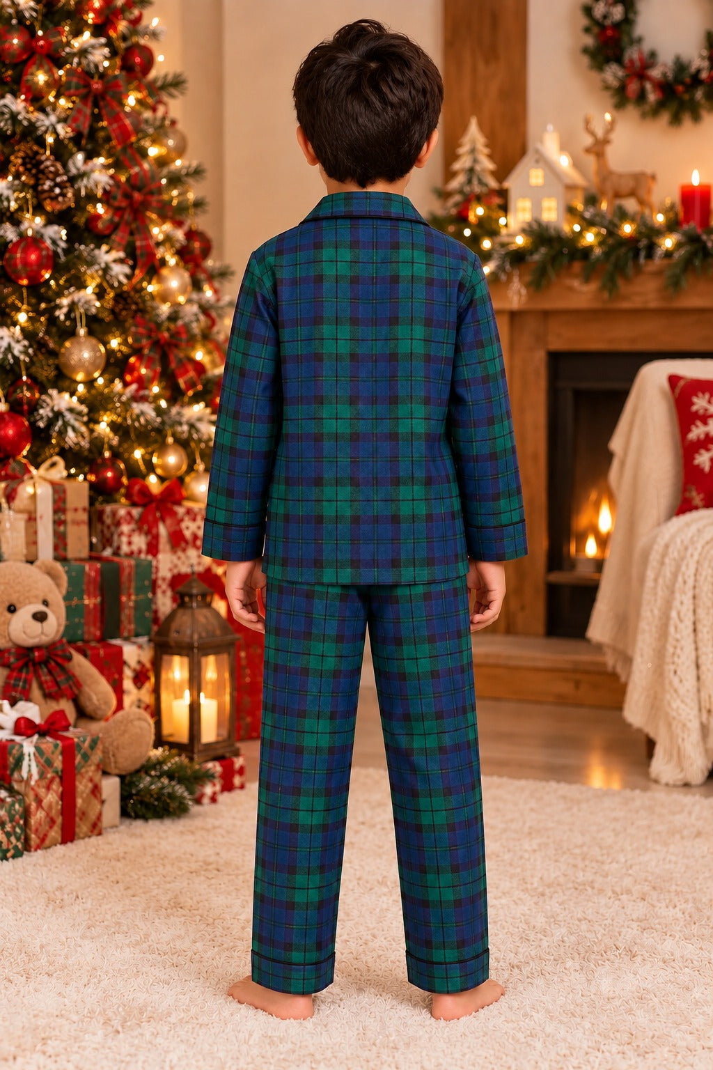 Festive Evergreen Plaid Cotton Flannel Long Sleeve Kids Night Suit