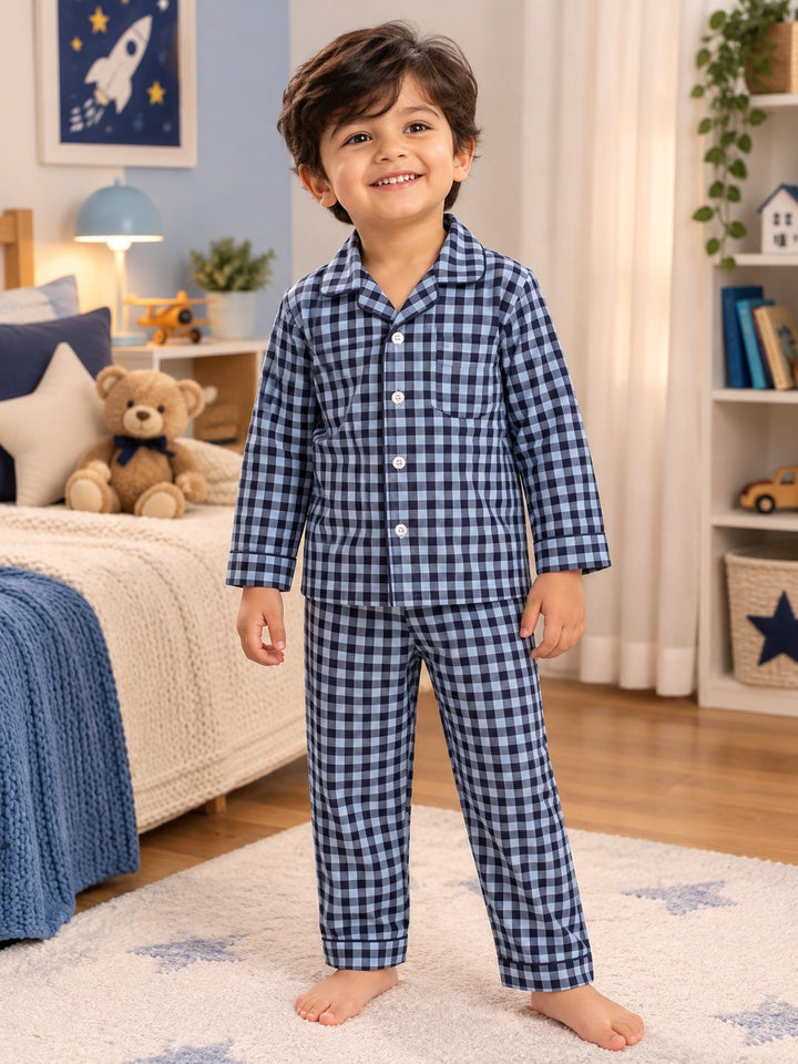 Navy & Sky Blue Check Print Long Sleeve  kids Night Suit