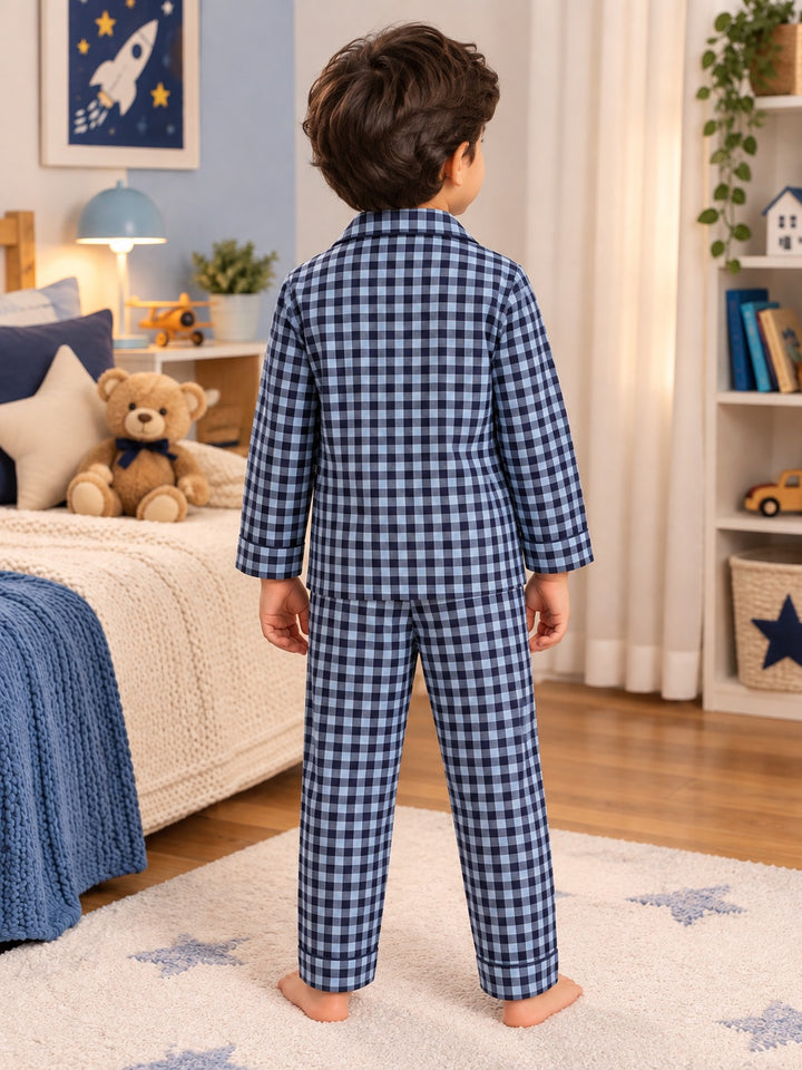 Navy & Sky Blue Check Print Long Sleeve  kids Night Suit