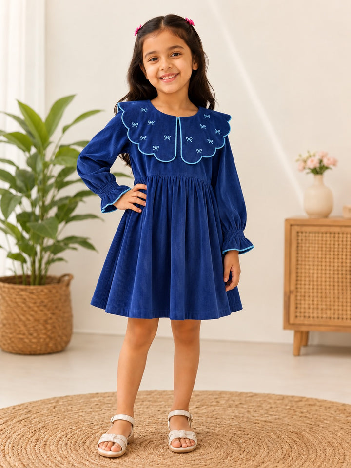 Blue Corduroy Dress with Embroidered Collar