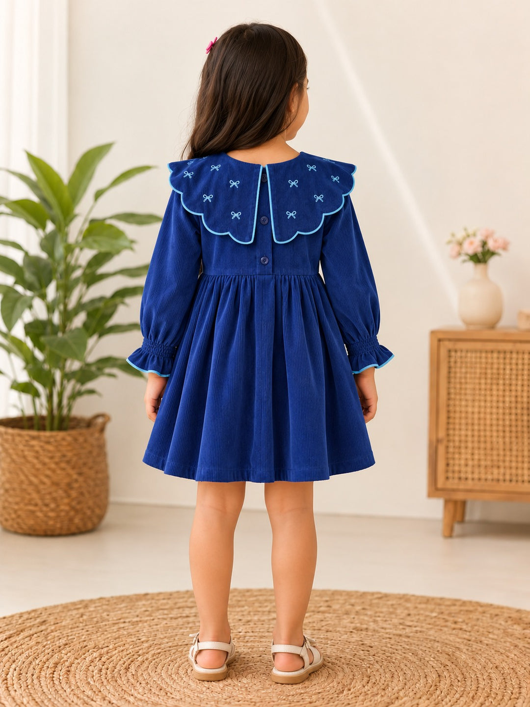 Blue Corduroy Dress with Embroidered Collar