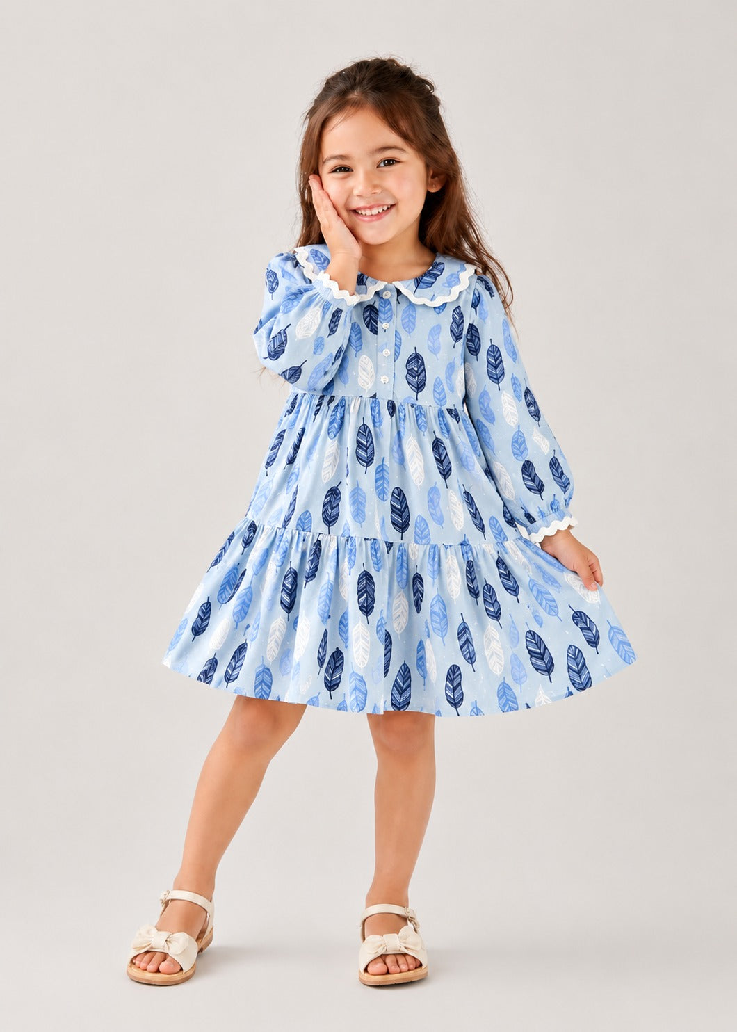 Blue Feather Print Flannel Dress