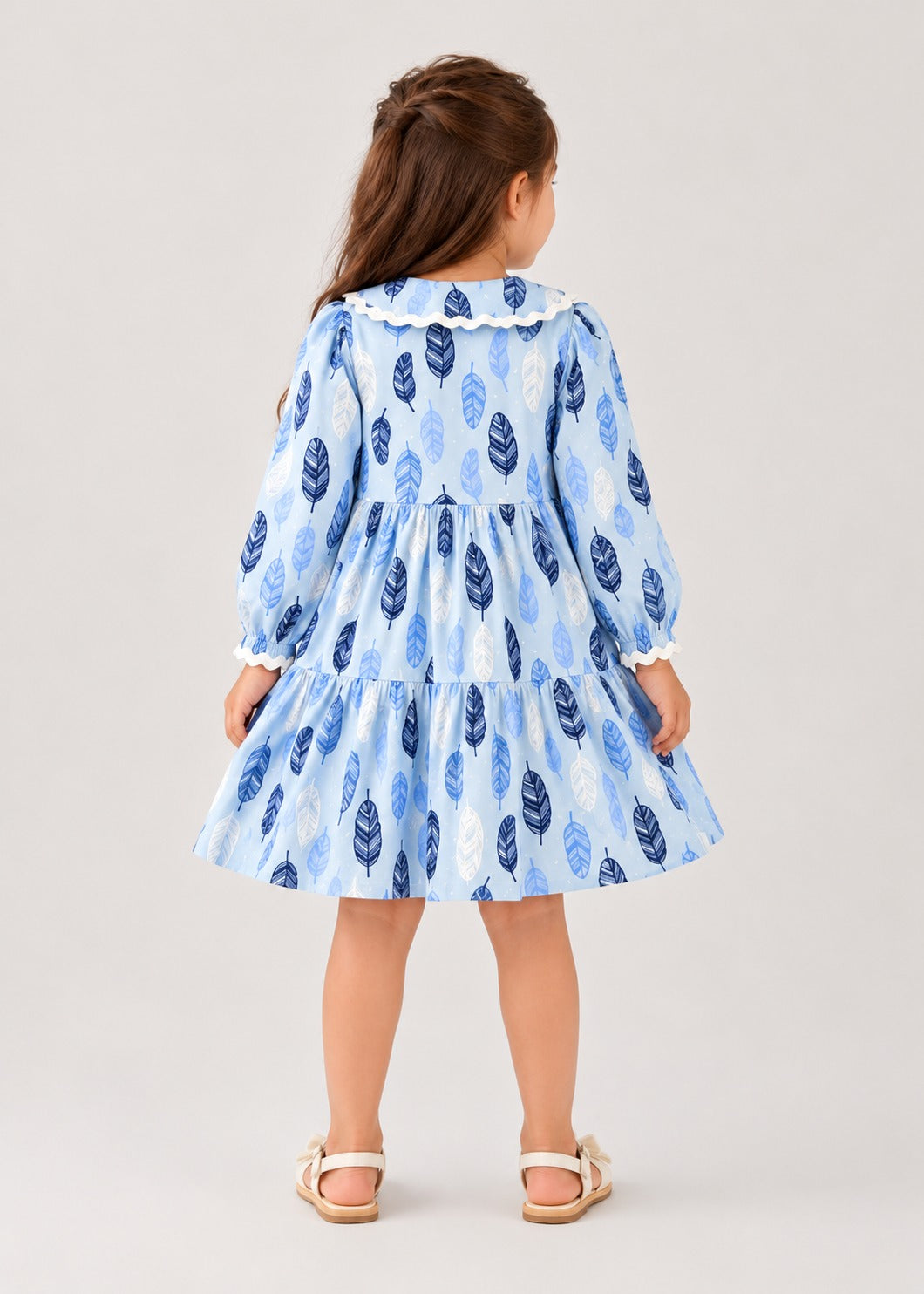 Blue Feather Print Flannel Dress