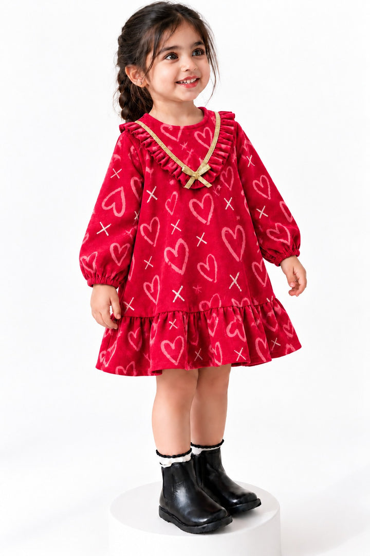 Red Heart Print Flannel Dress for Girls