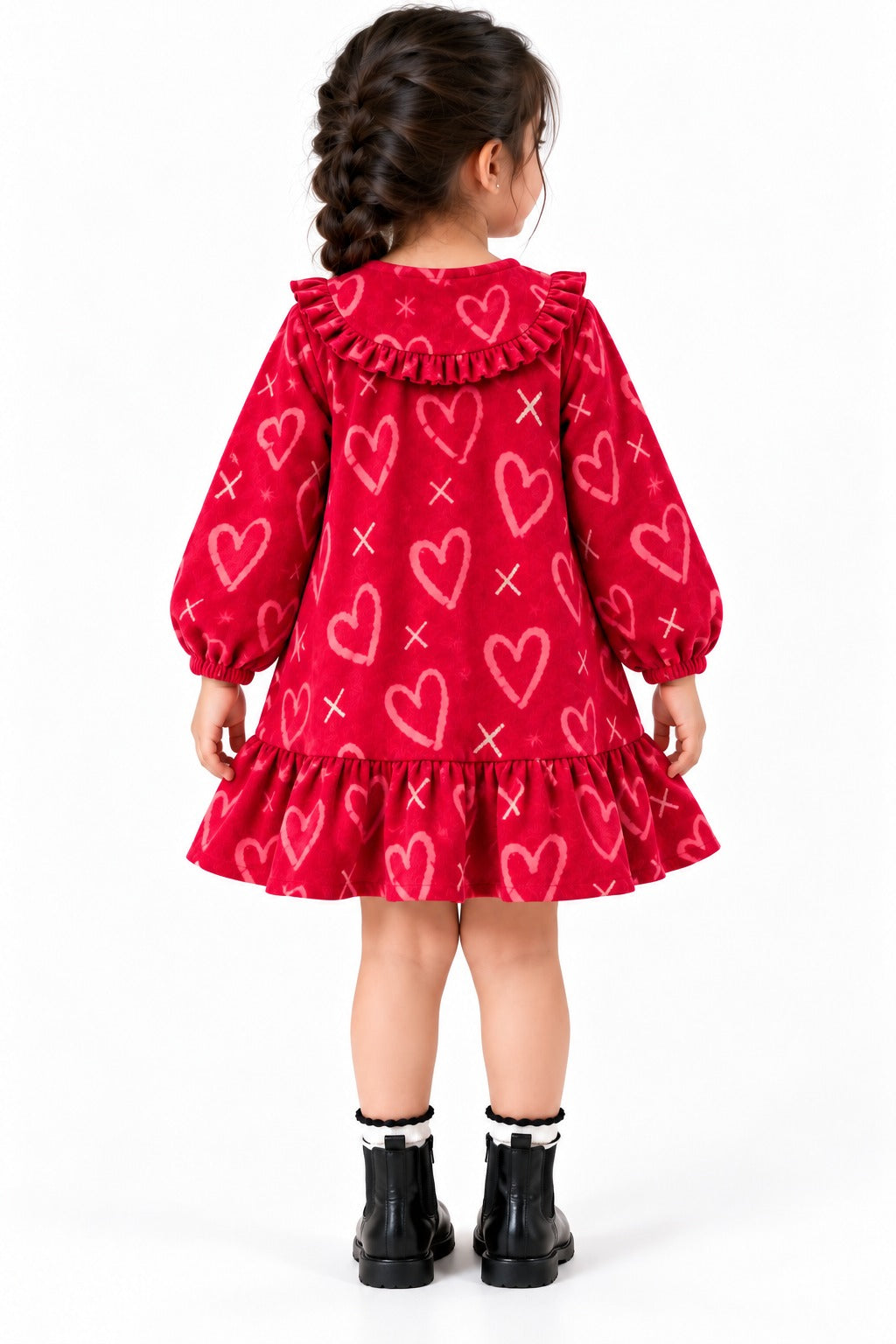 Red Heart Print Flannel Dress for Girls