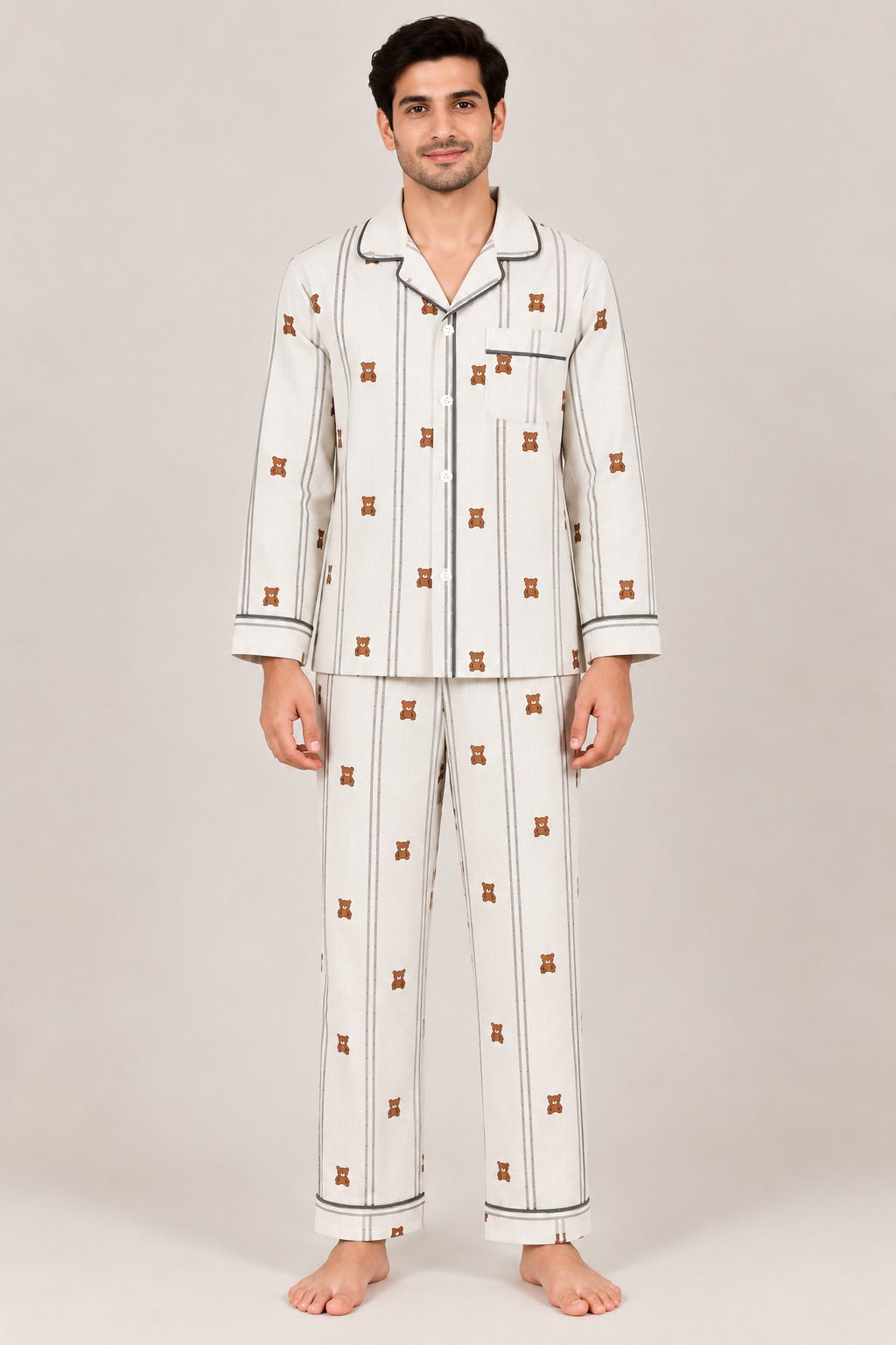 Little Teddy Cotton Flannel Long Sleeve Men's Night Suit