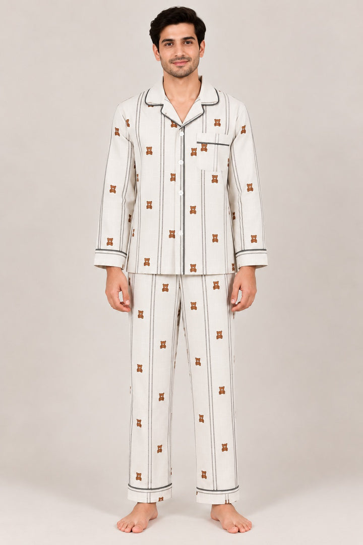 Little Teddy Cotton Flannel Long Sleeve Men's Night Suit