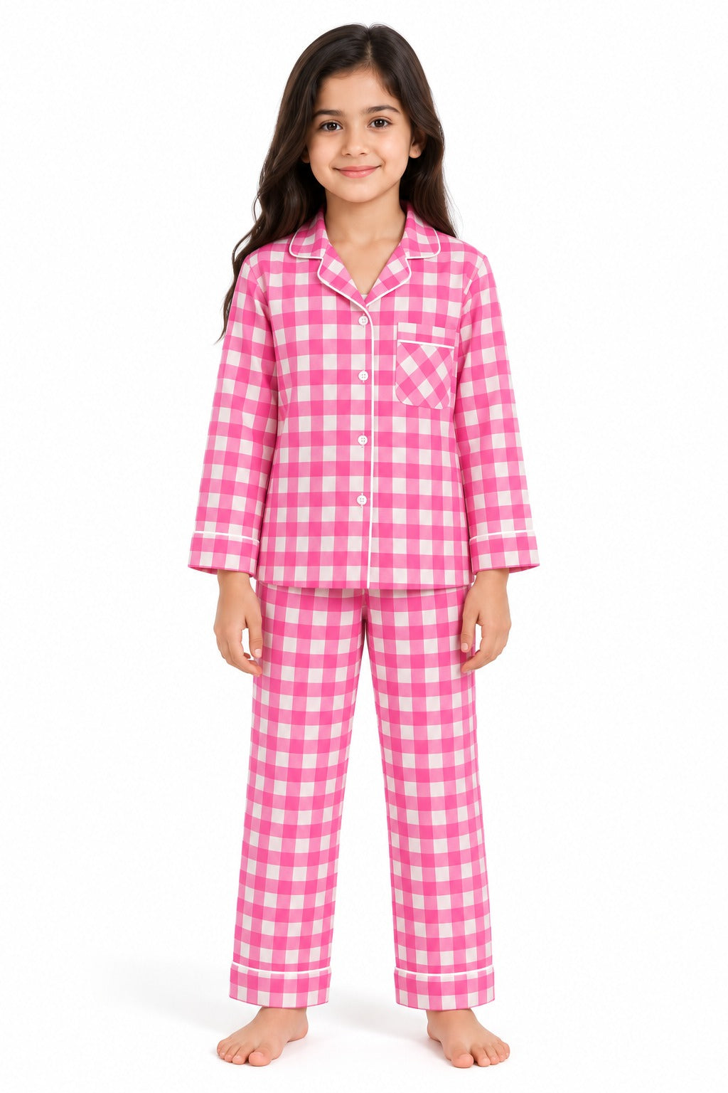 Pink & White Checked Cotton Flannel Long Sleeve Kids Night Suit