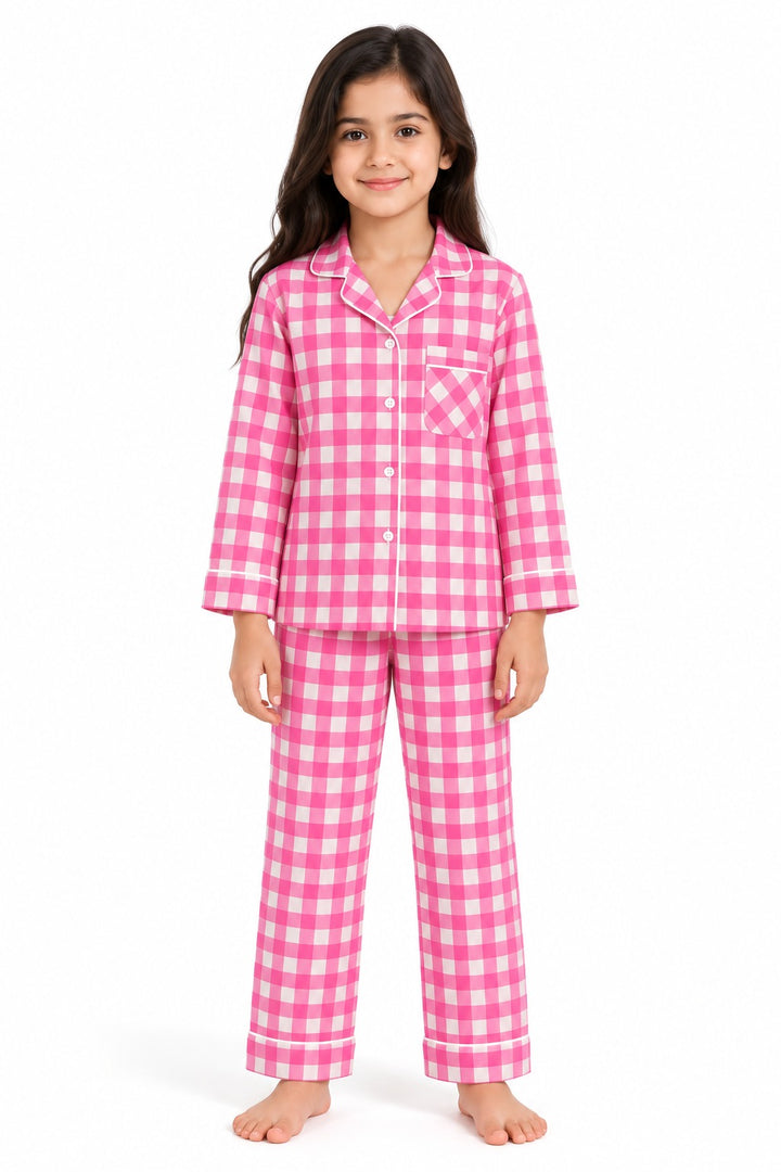 Pink & White Checked Cotton Flannel Long Sleeve Kids Night Suit