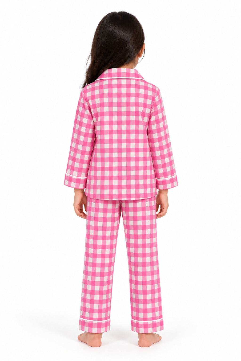 Pink & White Checked Cotton Flannel Long Sleeve Kids Night Suit