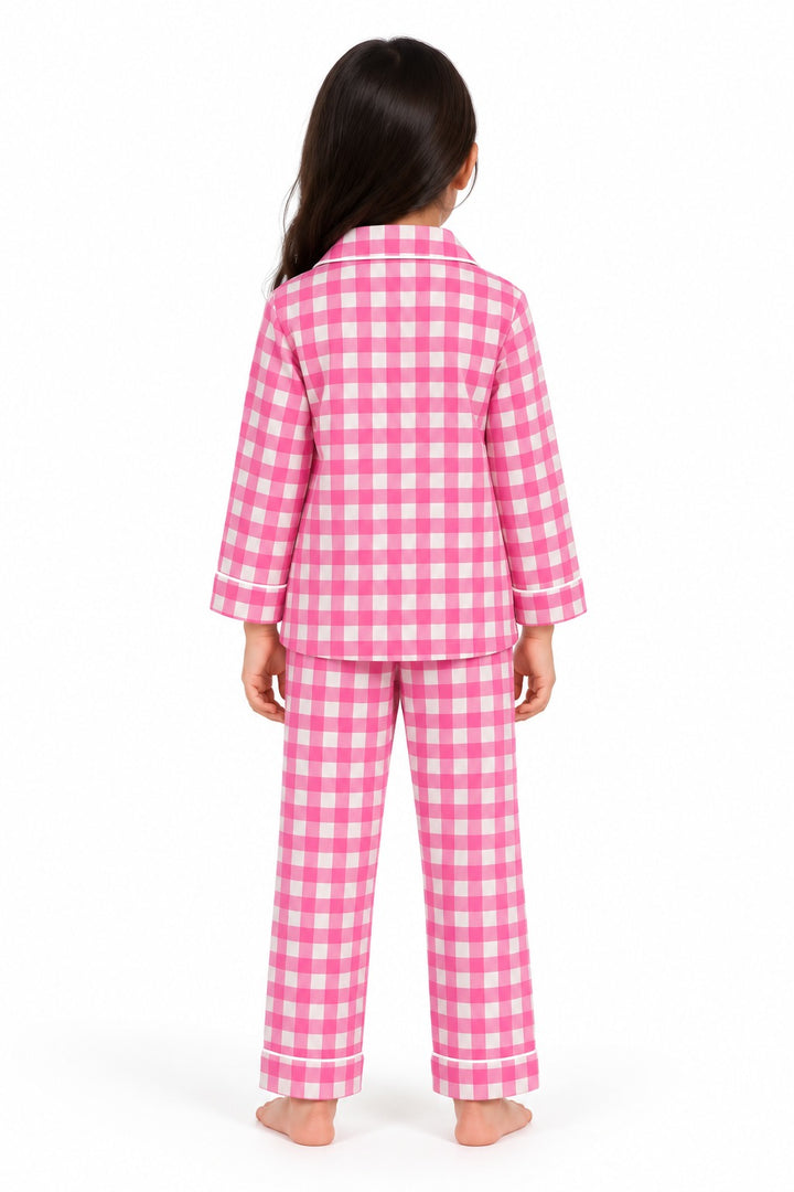 Pink & White Checked Cotton Flannel Long Sleeve Kids Night Suit