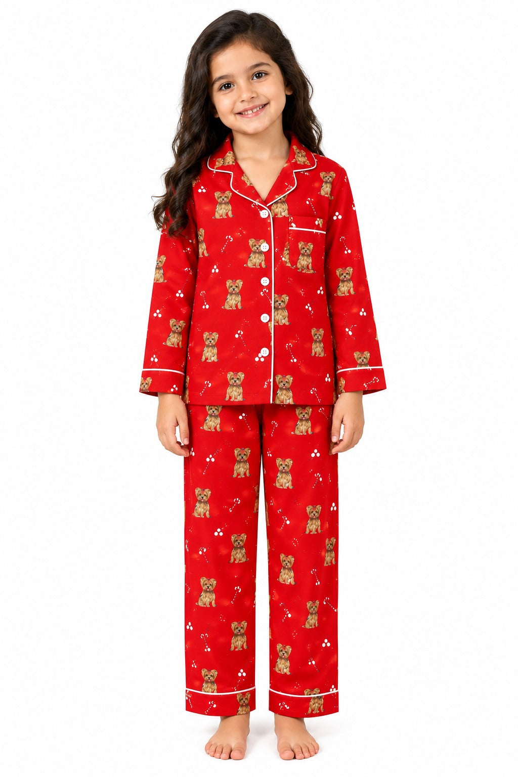 Merry Paws Red Cotton Flannel Long Sleeve Kids Night Suit