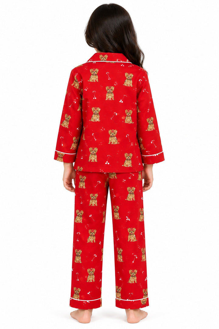 Merry Paws Red Cotton Flannel Long Sleeve Kids Night Suit