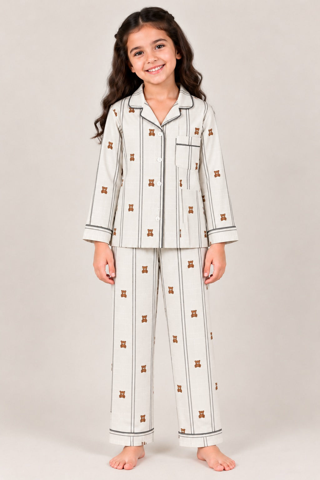 Little Teddy Cotton Flannel Long Sleeve Kids Night Suit