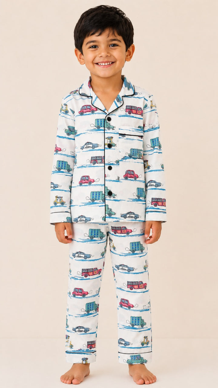 Truck & Car Dreams Print Long Sleeve Kids Night Suit