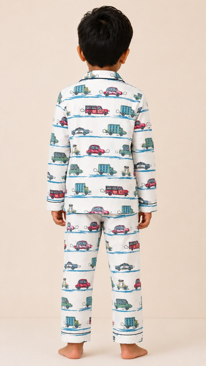Truck & Car Dreams Print Long Sleeve Kids Night Suit