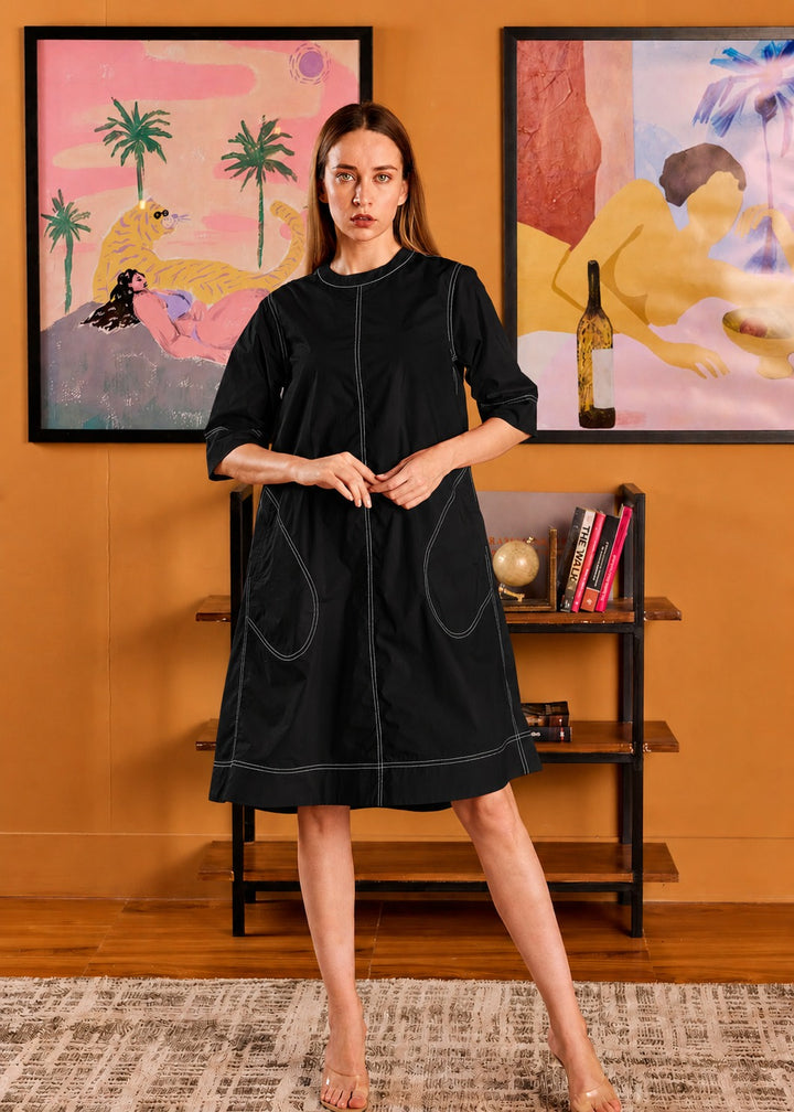 Contrast Stitching Cotton Poplin Dress with Pockets