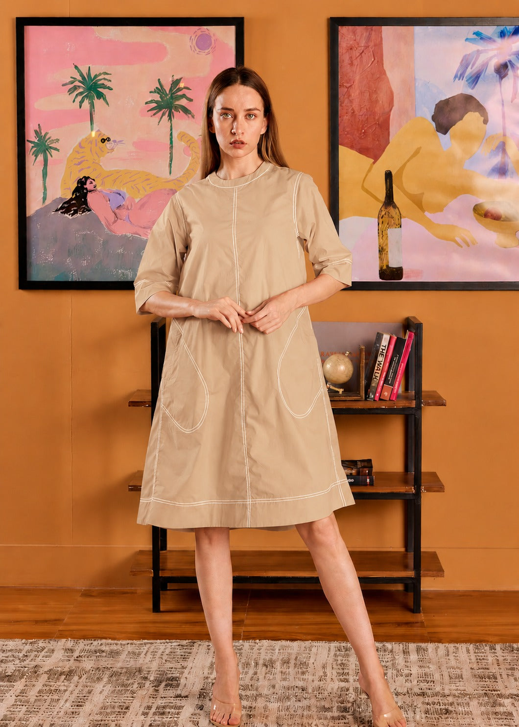 Contrast Stitching Cotton Poplin Dress with Pockets