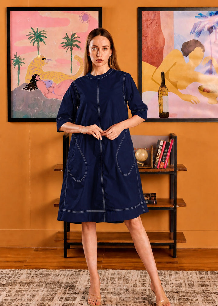 Contrast Stitching Cotton Poplin Dress with Pockets