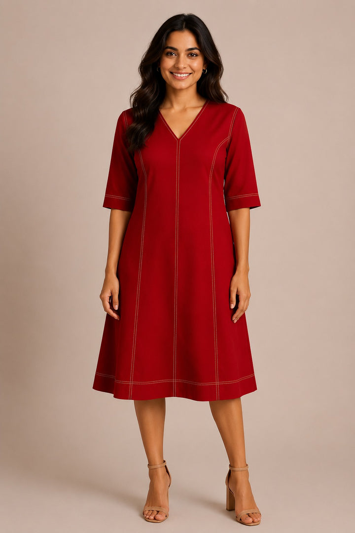 Contrast Stiching V Neck Women's Dress