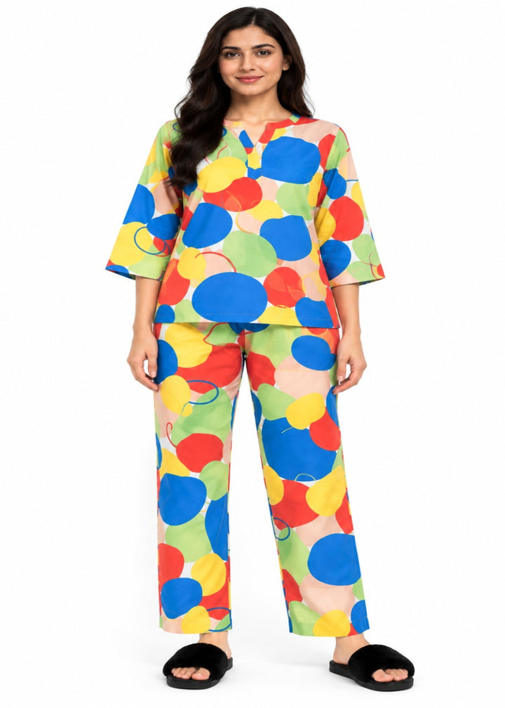 Color Pop Print V-Neck 3/4th Sleeve Women's Night Suit