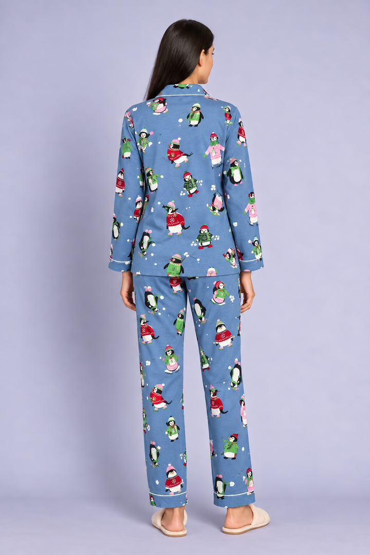 Winter Penguin Print cotton Flannel Long Sleeve Women's Night Suit