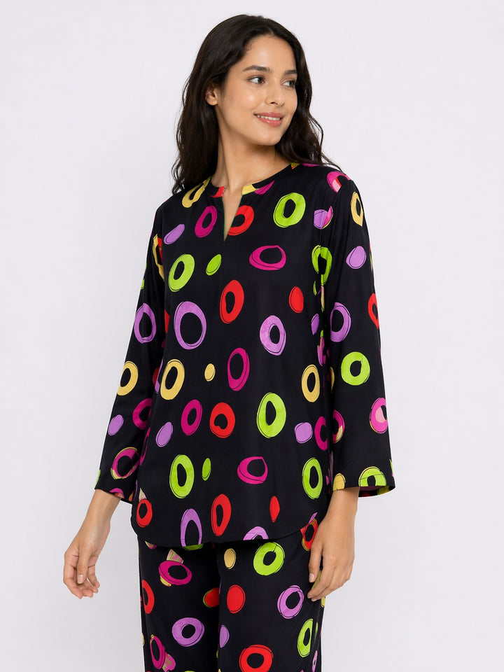 Cosmic Rings V-neck 3/4th sleeve Print Women's Night Suit