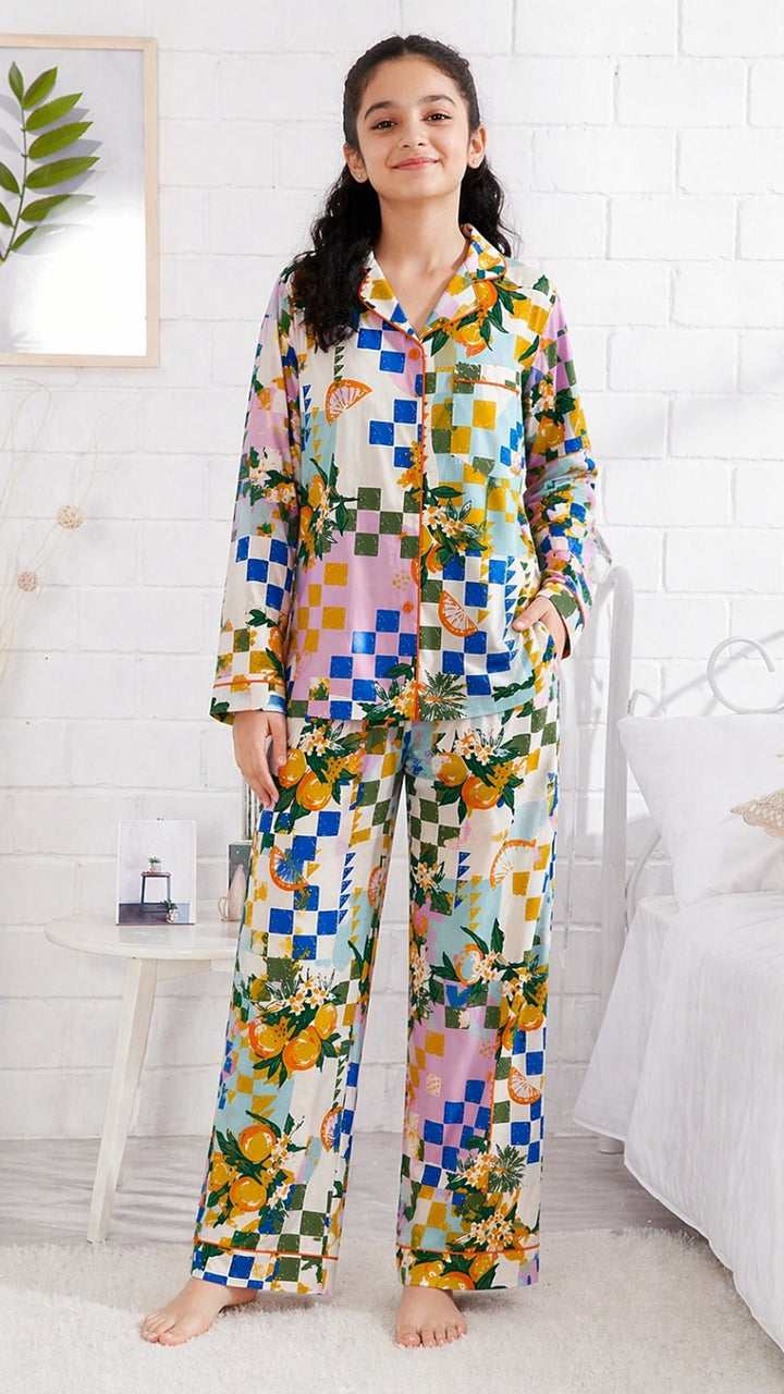 Sunny Citrus Pajama Print Long Sleeve Women's Night Suit