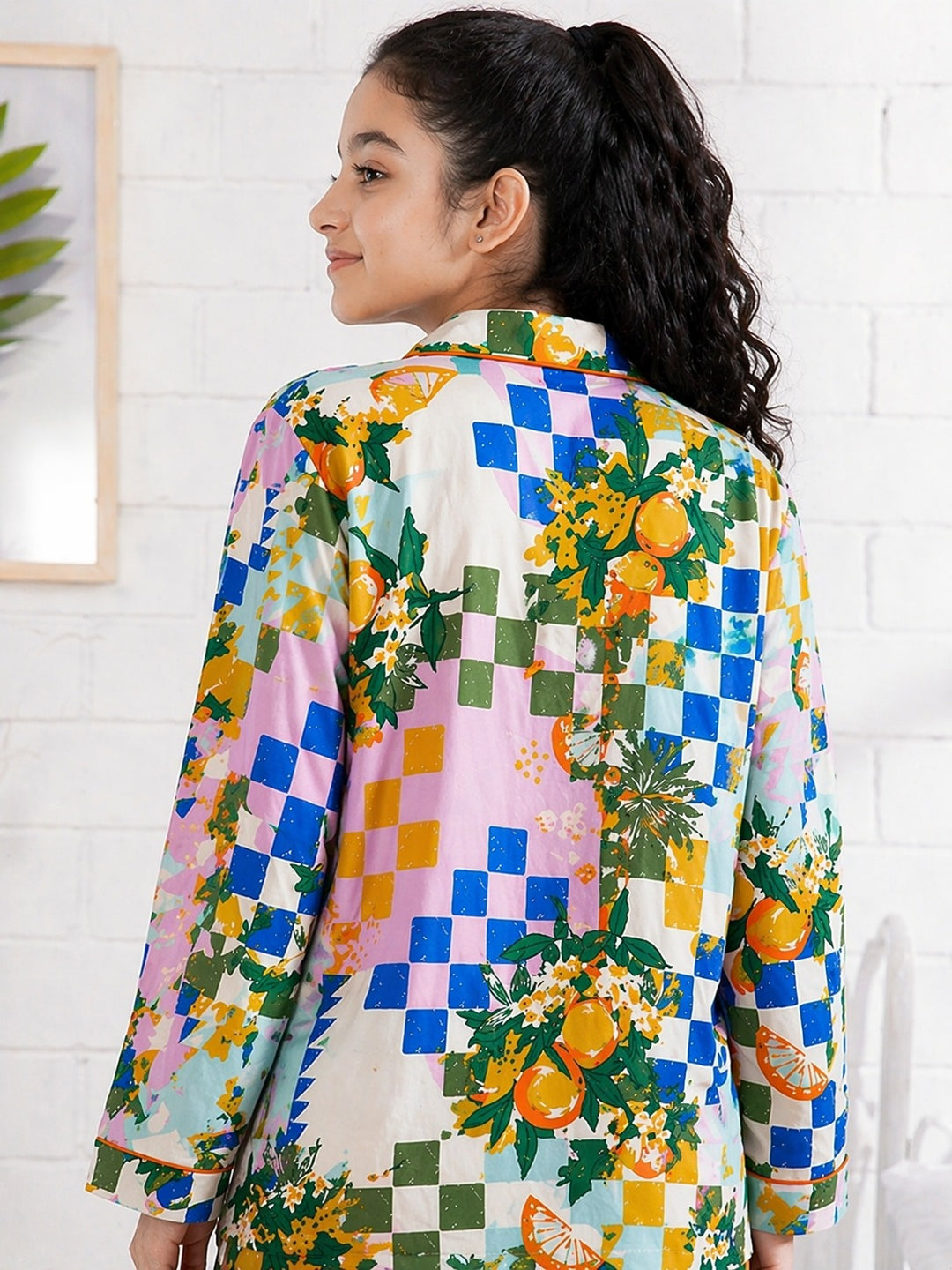 Sunny Citrus Pajama Print Long Sleeve Women's Night Suit