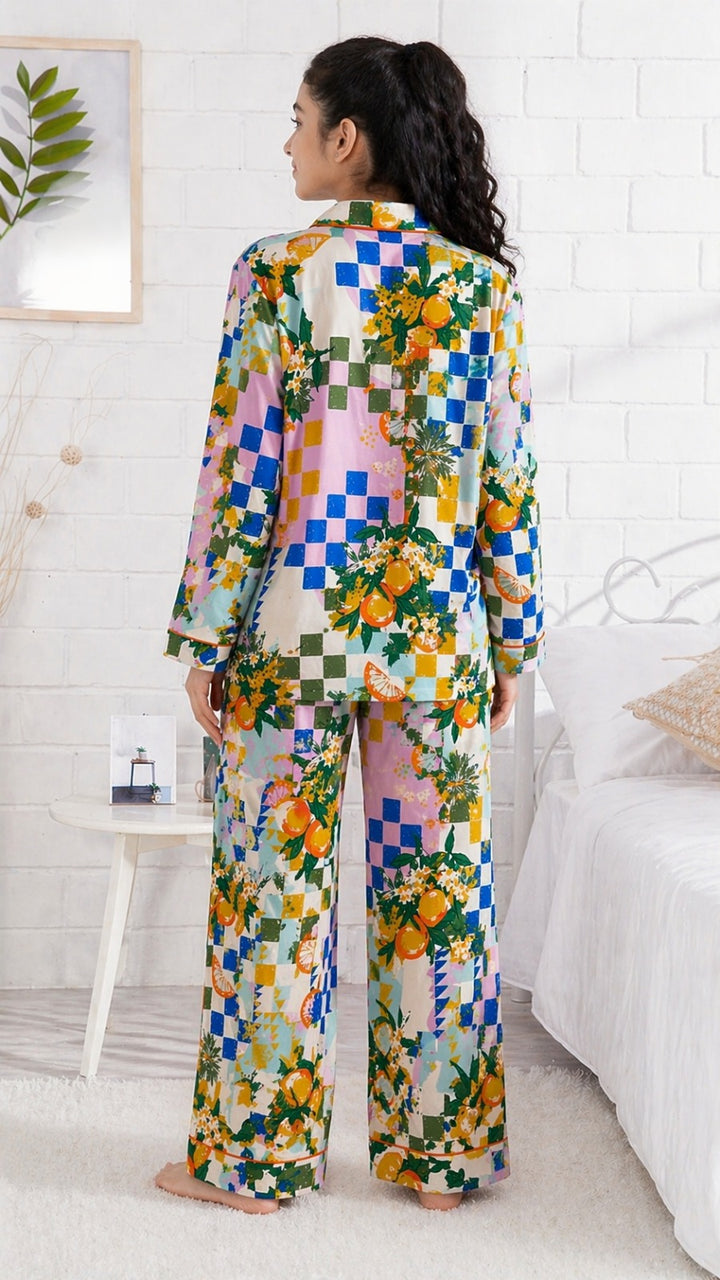 Sunny Citrus Pajama Print Long Sleeve Women's Night Suit
