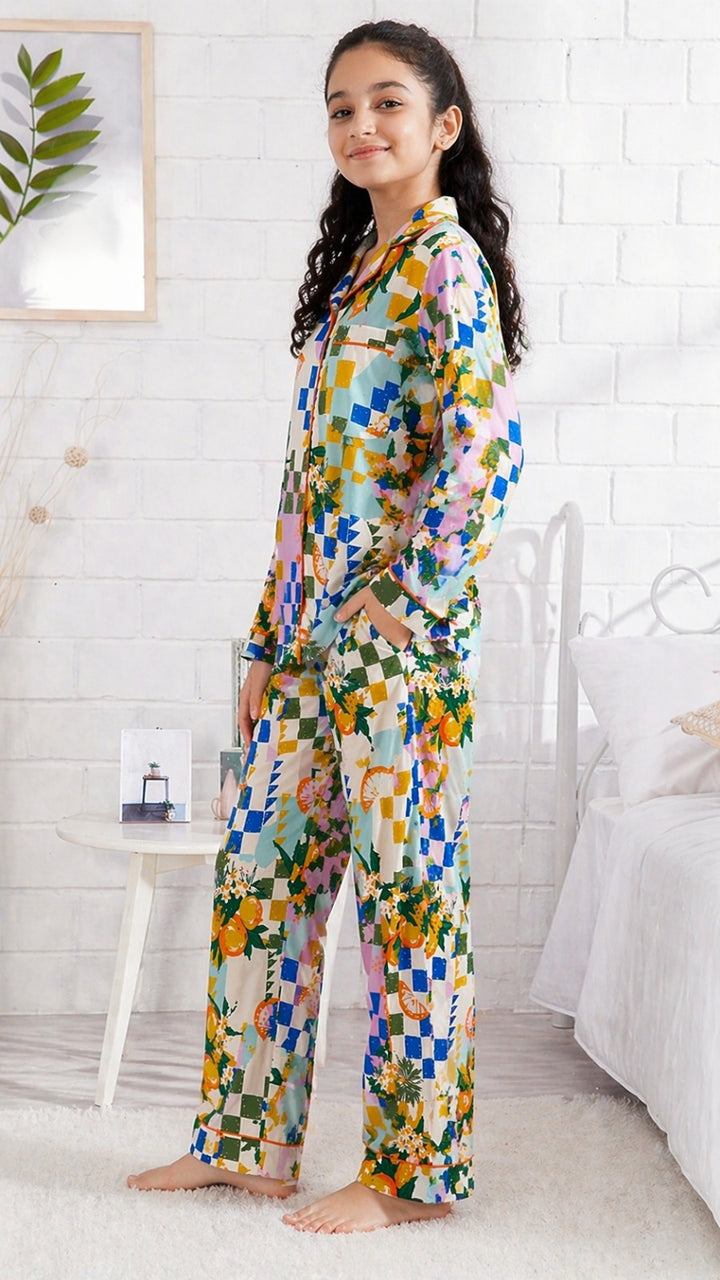 Sunny Citrus Pajama Print Long Sleeve Women's Night Suit