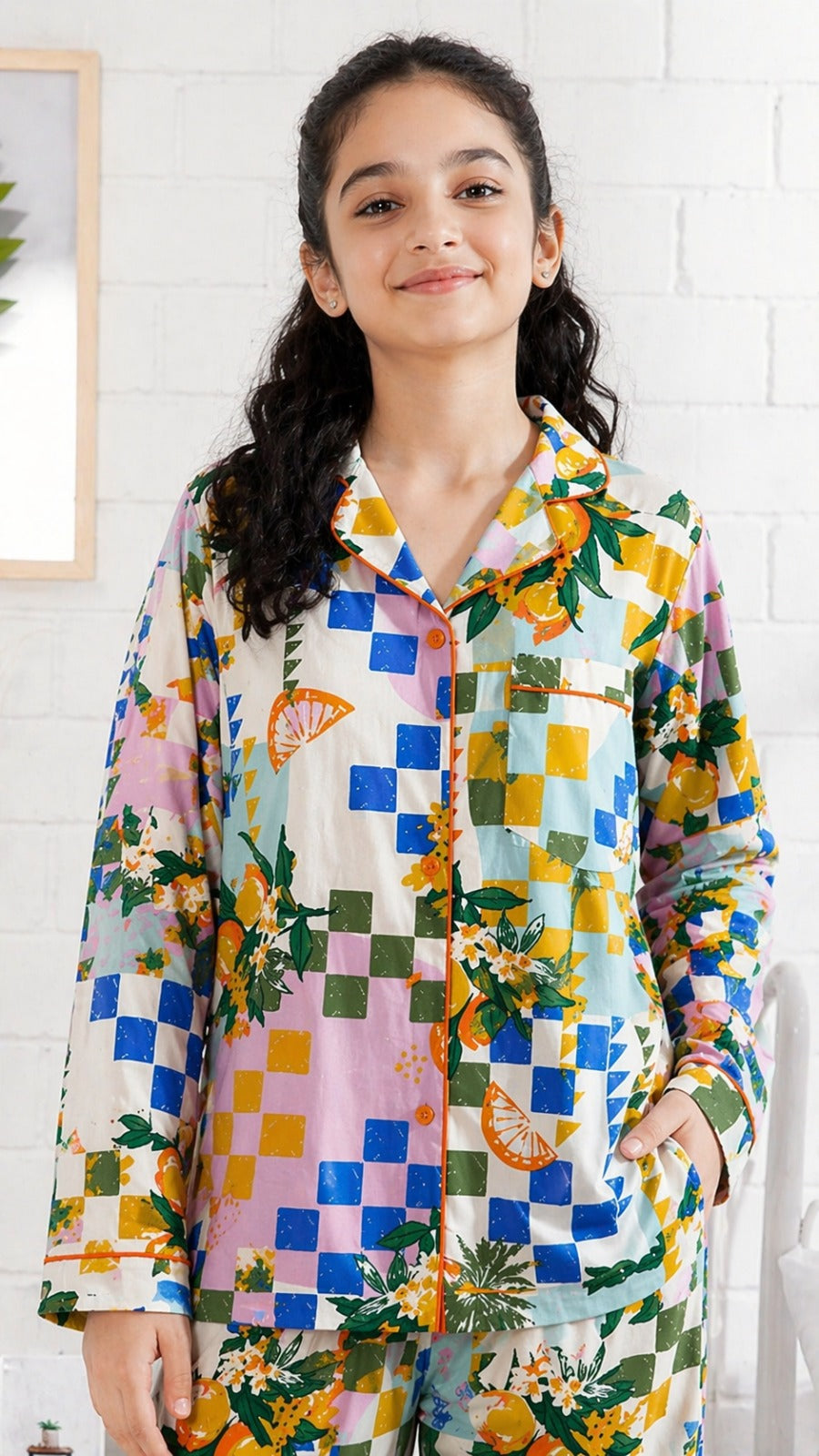Sunny Citrus Pajama Print Long Sleeve Women's Night Suit