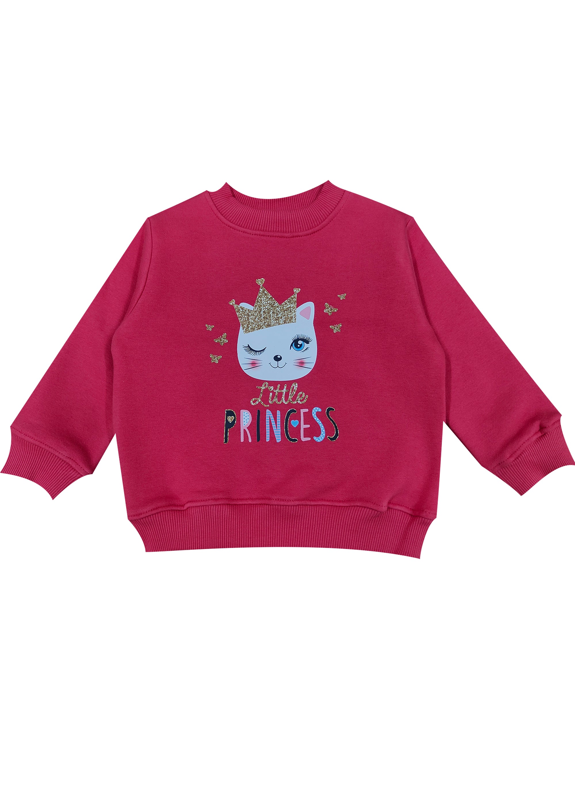 Bright Pink Princess Print Warm Kids Fleece Sweatshirt Set
