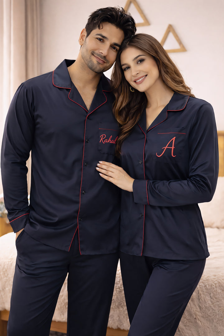 Mrs Customised Last Name Embroidered Long Sleeve Women's Night Suit ( Name / Initial on Front Pocket )