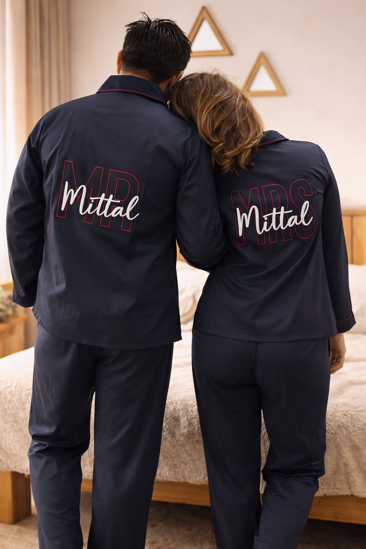 Mrs Customised Last Name Embroidered Long Sleeve Women's Night Suit ( Name / Initial on Front Pocket )