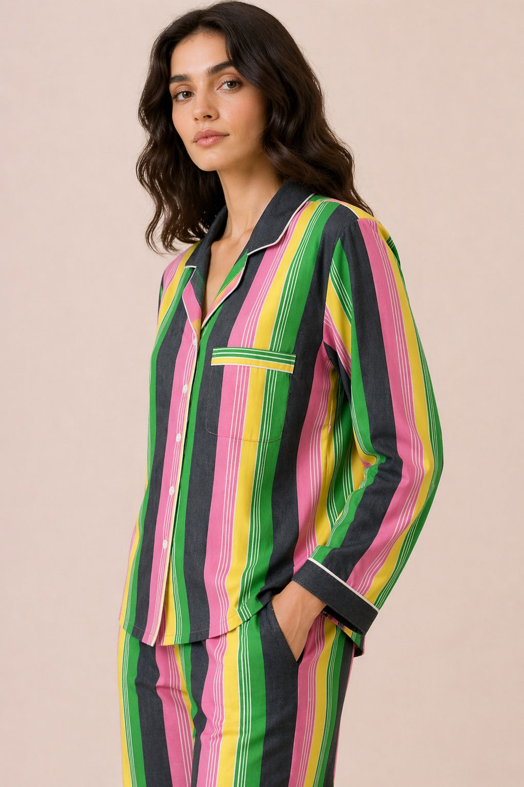 Summer Stripe Sleep  Print Long Sleeve Women's Night Suit