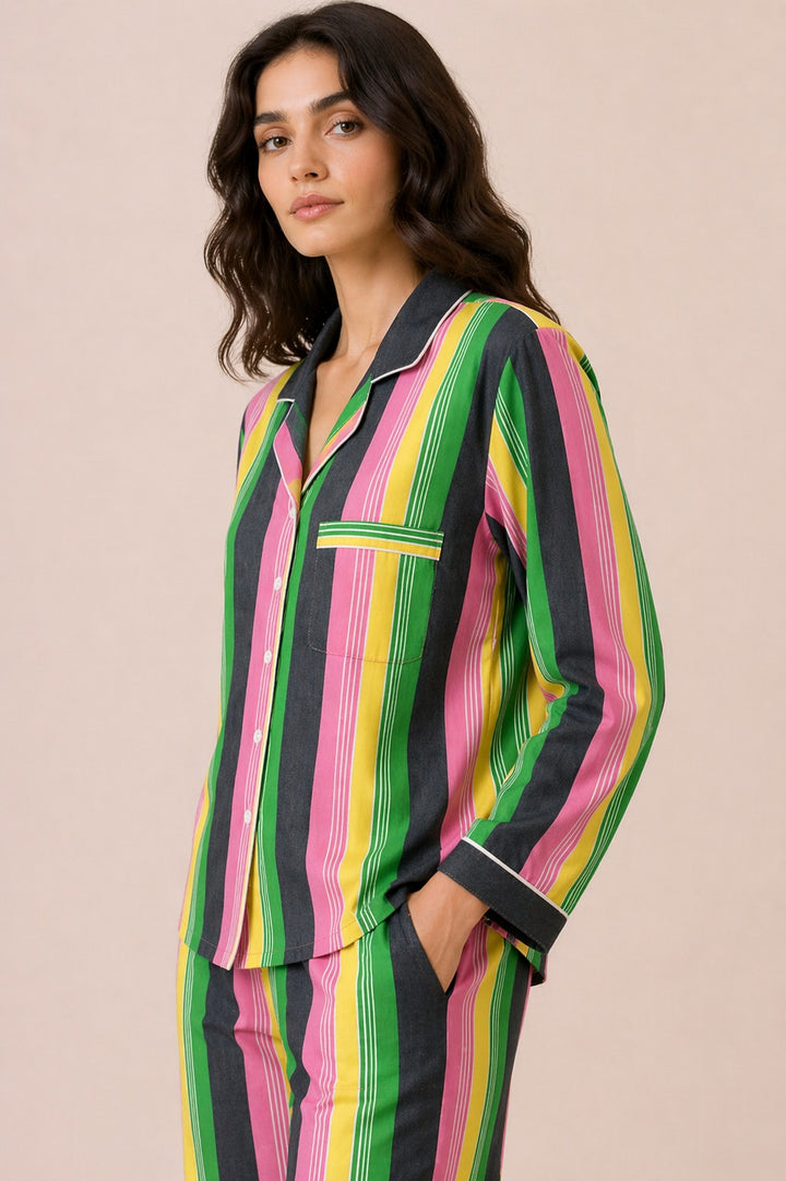 Summer Stripe Sleep  Print Long Sleeve Women's Night Suit