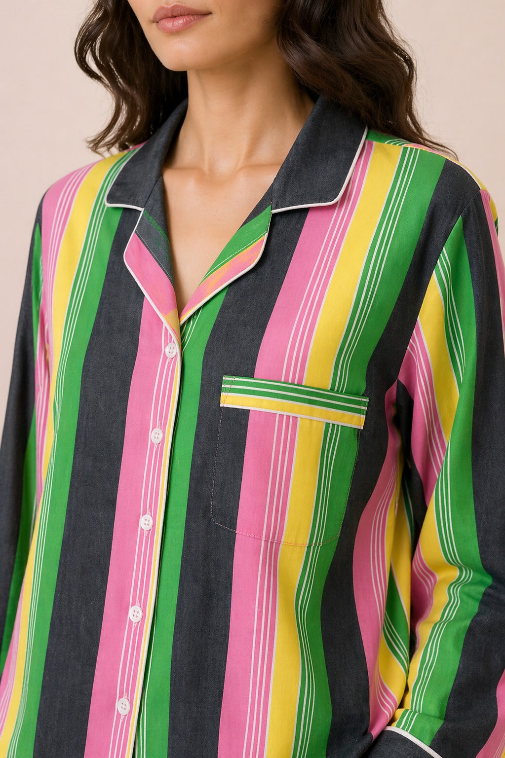 Summer Stripe Sleep  Print Long Sleeve Women's Night Suit
