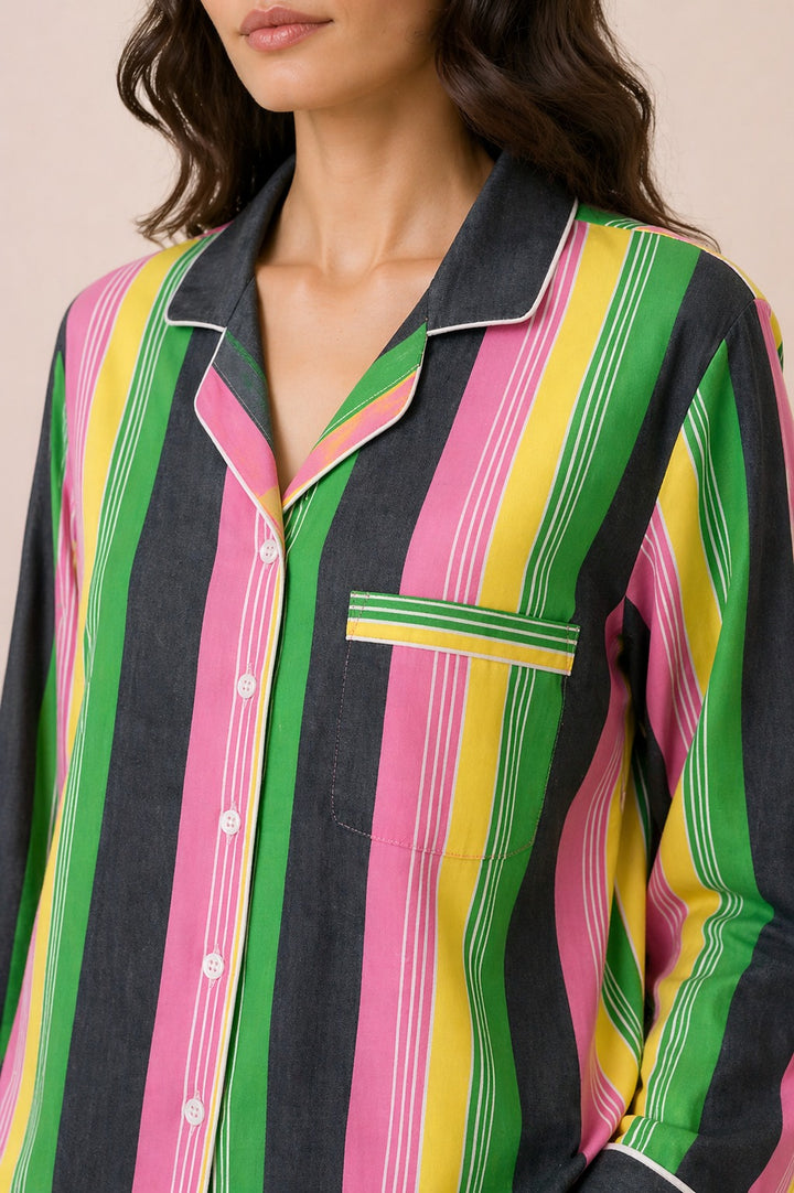Summer Stripe Sleep  Print Long Sleeve Women's Night Suit