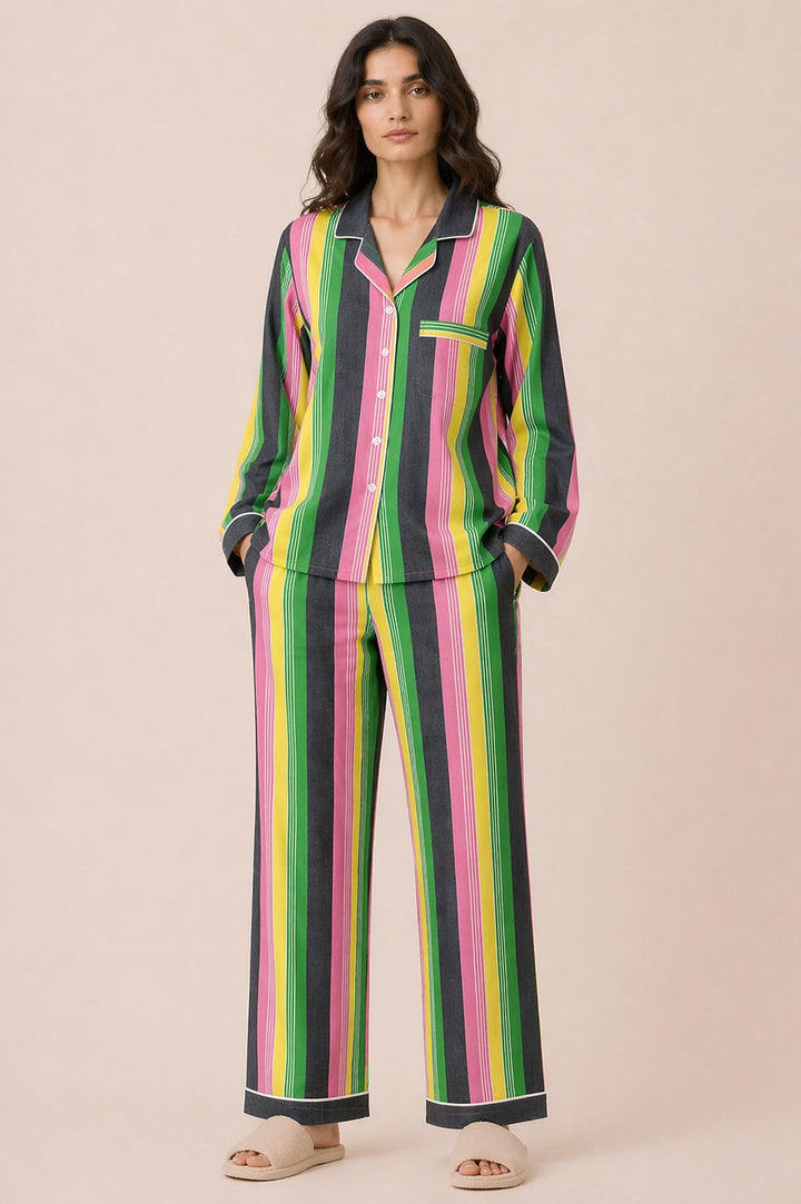 Summer Stripe Sleep  Print Long Sleeve Women's Night Suit