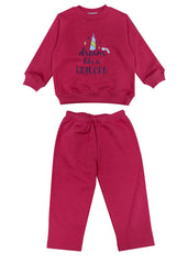Bright Pink Unicorn Dream Print Warm Kids Fleece Sweatshirt Set
